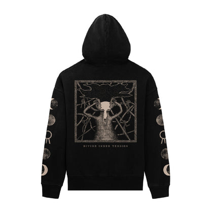 The Hail The Sun hoodie features a striking surreal figure with multiple arms on the back, “DIVINE INNER TENSION” below, and circular sleeve designs, making this pullover truly unique.