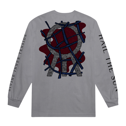 A gray Hail The Sun Comfort Colors long-sleeve shirt with a large abstract circle and X design over red and blue textures on the back. "DIVINE INNER TENSION" and "HAIL THE SUN" appear in bold black text down the sleeves.