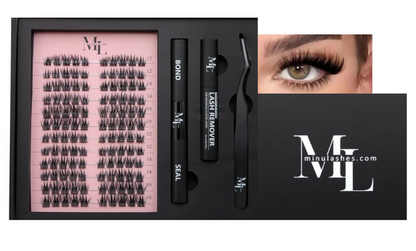 DIY Lash Extension Kit – Cluster Lashes with Bond & Seal, Lash Remover & Tweezers (Black Edition) by MinuLashes