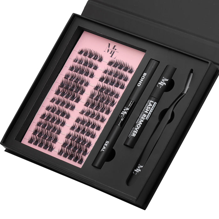 DIY Lash Extension Kit – Cluster Lashes with Bond & Seal, Lash Remover & Tweezers (Black Edition) by MinuLashes