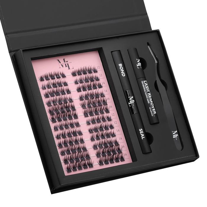 DIY Lash Extension Kit – Cluster Lashes with Bond & Seal, Lash Remover & Tweezers (Black Edition) by MinuLashes