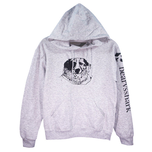A light gray bearvsshark hoodie with a black dog face illustration on the chest and "bearvsshark" printed on the right sleeve—a standout piece among printed garments.