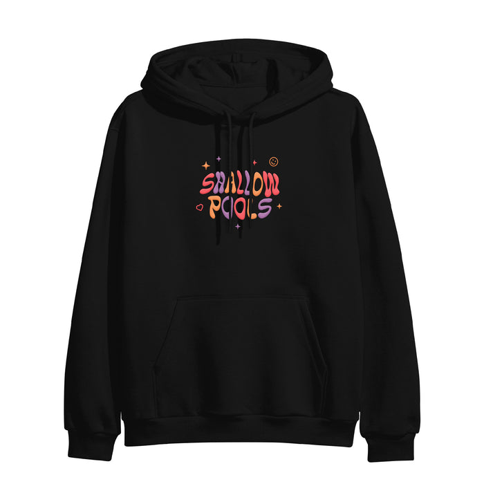 Shallow Pools Black Doodle Pullover Hoodie. center chest of the hoodie has the text "Shallow Pools" in fun bubble letters with some stars around it, the colors of the letters alternate between red, purple and orange.