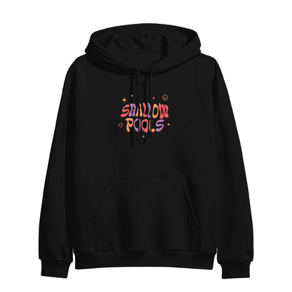 Shallow Pools Black Doodle Pullover Hoodie. center chest of the hoodie has the text "Shallow Pools" in fun bubble letters with some stars around it, the colors of the letters alternate between red, purple and orange.