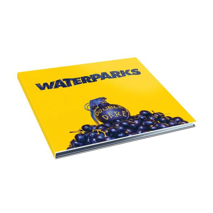 A yellow Waterparks Double Dare album cover features the band's name at the top and an illustrated jar labeled DOUBLE DARE surrounded by dark grapes at the bottom.