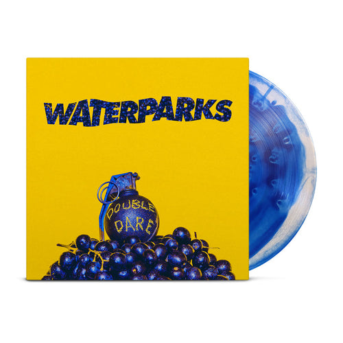 A yellow album cover shows WATERPARKS in bold blue letters with a blue jug labeled DOUBLE DARE surrounded by grapes. A Clear and Blue Cloud marbled LP peeks from behind the Waterparks Double Dare cover. Brand Name: Waterparks.