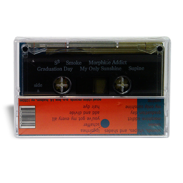 A black and clear Prema audio cassette in a transparent case, labeled with the Drivel Track List: Smoke Morphine Addict, Graduation Day, My Only Sunshine, Supine—delivering unique Sounds Shapes Shades.