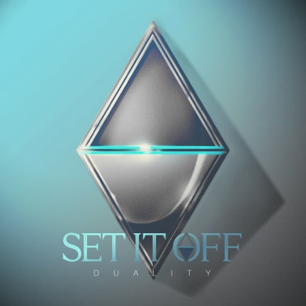 A metallic diamond-shaped emblem with a glowing blue line appears above the text “Set It Off Duality” on a light blue background, creating striking cover art for Set It Off’s music album.