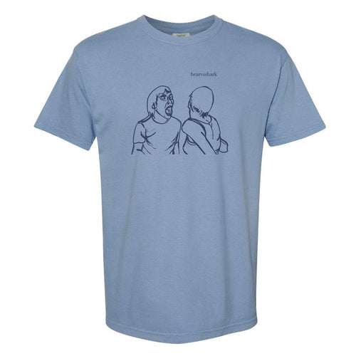 A baby blue t-shirt has a sketch of someone yelling at another person with the words "bearvsshark" at the top.