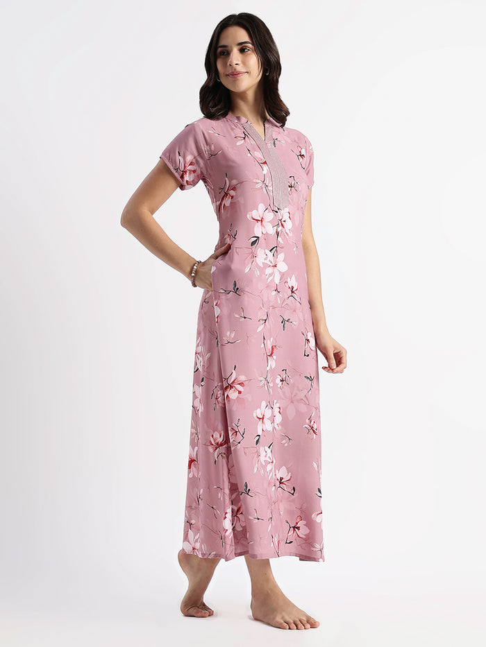 Dusty Rose Rayon Designer Nighty for Women with Floral Print