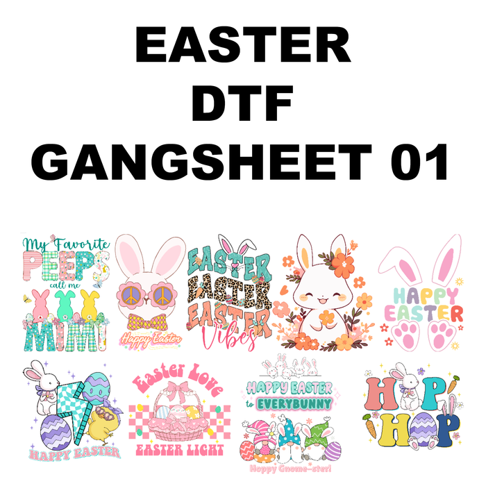 Collection of colorful Easter-themed designs 'Easter DTF Gangsheet'.