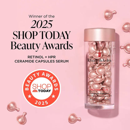 Elizabeth Arden Retinol + HPR Ceramide Capsules for skin renewal, shown in a sleek jar with 60 capsules inside.