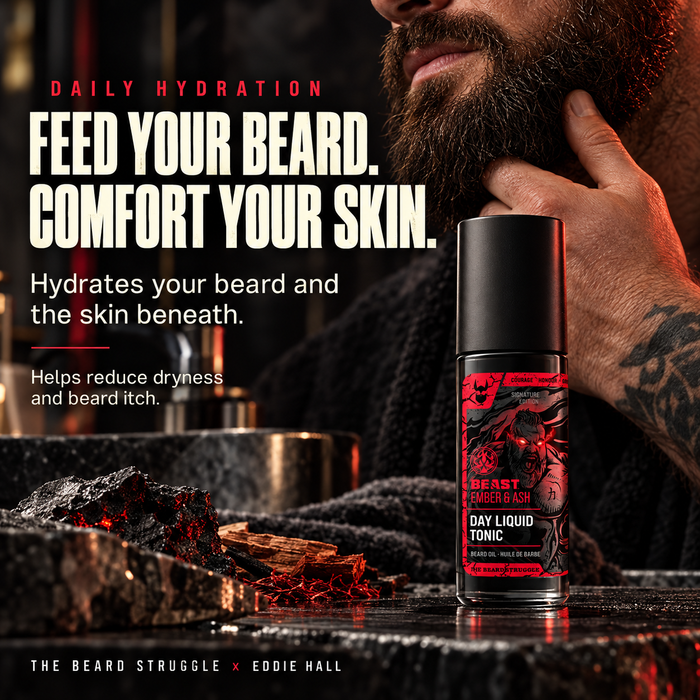 Beast Ember & Ash Day Liquid Tonic beard oil bottle on a bathroom counter with a bearded man, headline Feed Your Beard Comfort Your Skin