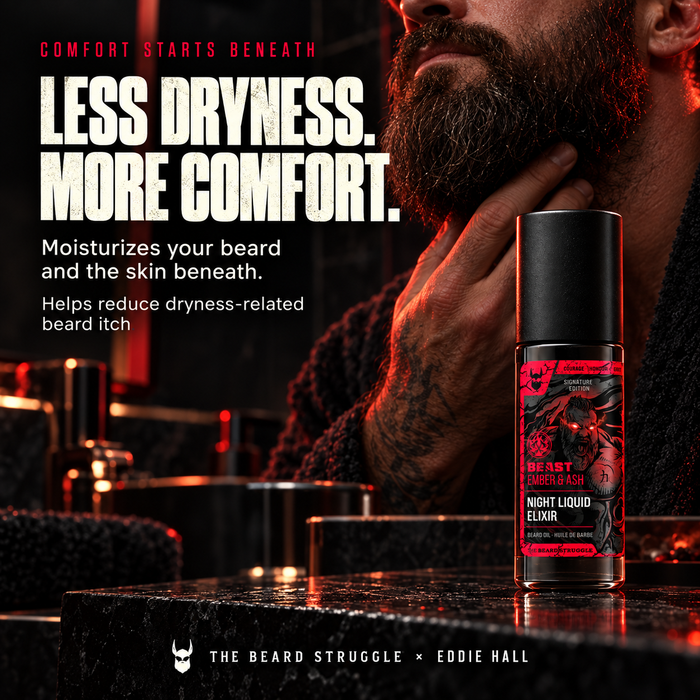 Beast Ember & Ash Night Liquid Elixir beard oil bottle beside a bearded man touching his neck, headline Less Dryness More Comfort