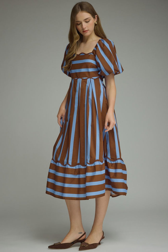 Entro Striped Scalloped Hem Midi Dress