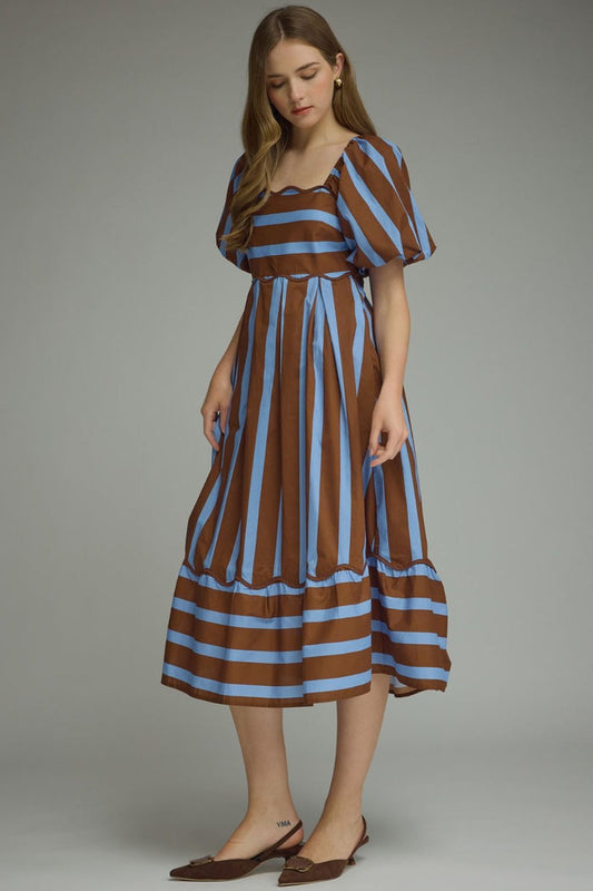 Entro Striped Scalloped Hem Midi Dress