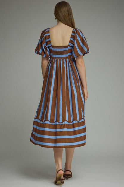 Entro Striped Scalloped Hem Midi Dress