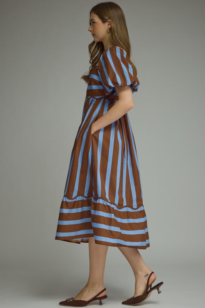 Entro Striped Scalloped Hem Midi Dress