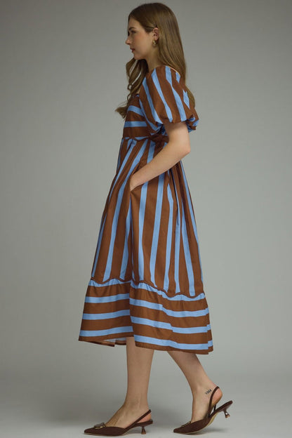 Entro Striped Scalloped Hem Midi Dress