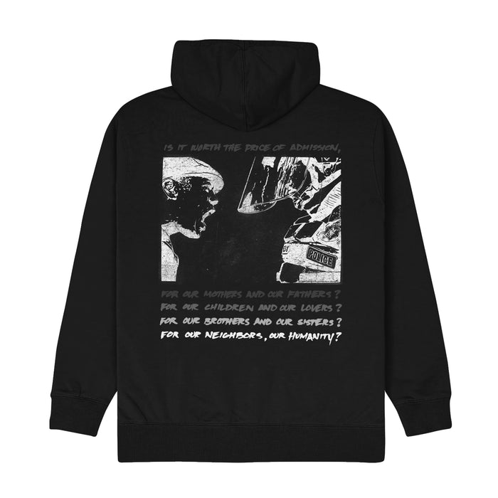 On the back, there is a drawing of a boy yelling in the face of a police officer that is much taller than him. Below that drawing is more text that is stacked in gradient coloring, getting more visible toward the bottom of the hoodie.