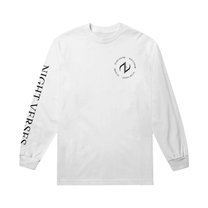 A white Night Verses Comfort Colors long-sleeve t-shirt featuring 'NIGHT VERSES' in black on the right sleeve and a small circular logo with text on the upper left chest.