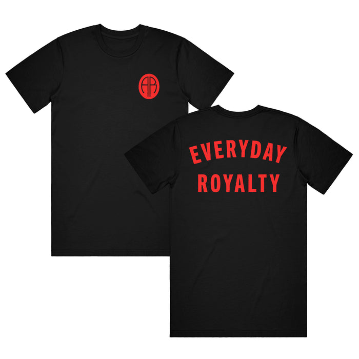 This image shows a black short sleeve T-shirt with a red logo on the right hand side that has an "AR" on it. On the back of the shirt, the words "Everyday Royalty" are in bright red.