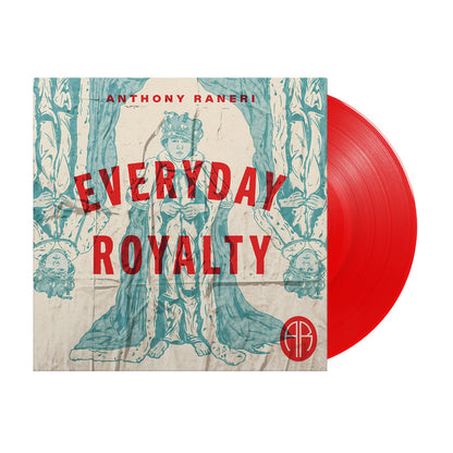 A red vinyl peeks out of an ivory jacket. There is a muted green print of a boy dressed up as a king with the words "Everyday Royalty" over him.