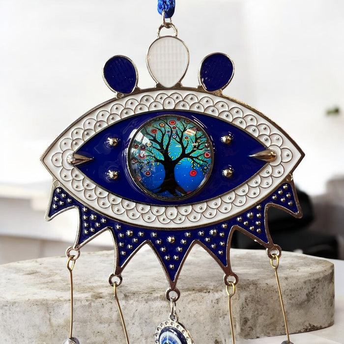 Evil Eye Wind Chimes with Tree of Life & Five Bells – 17" Spiritual Protection Decor