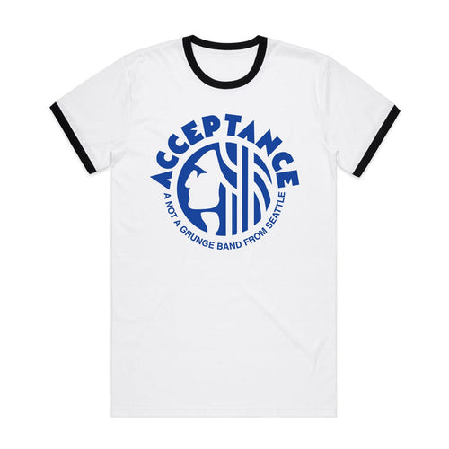 White ringer T-shirt by Acceptance with black collar and sleeves. Features a blue Seattle coffee logo parody on the front, reading “ACCEPTANCE” above and “A NOT GRUNGE BAND FROM SEATTLE” below a stylized Face White design.