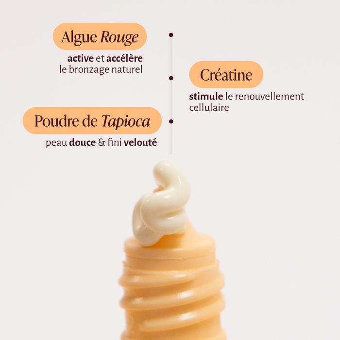 Product with text describing ingredients and effects on a light background