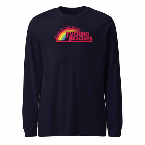 Navy blue long-sleeve shirt with rainbow design and text on a white background