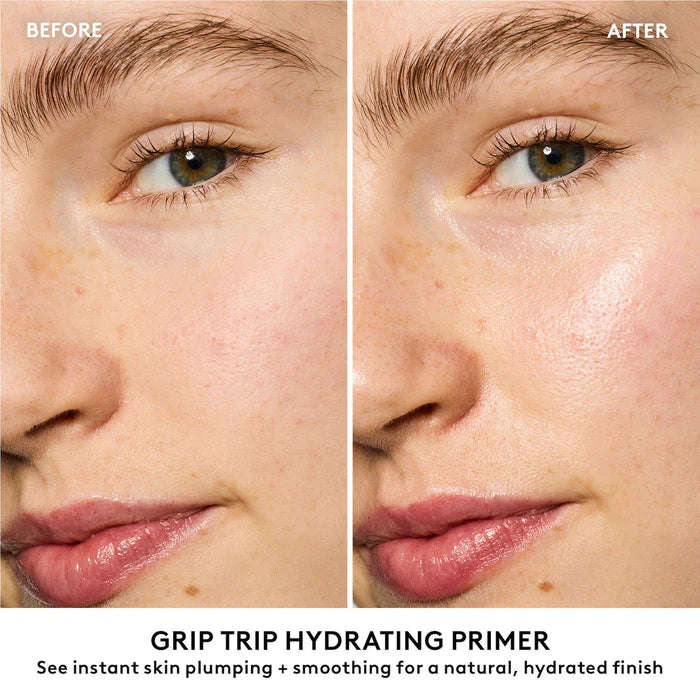 Fenty Beauty Grip Trip Hydrating Primer bottle with pump, 30ml, new in box, showcasing sleek packaging and product details