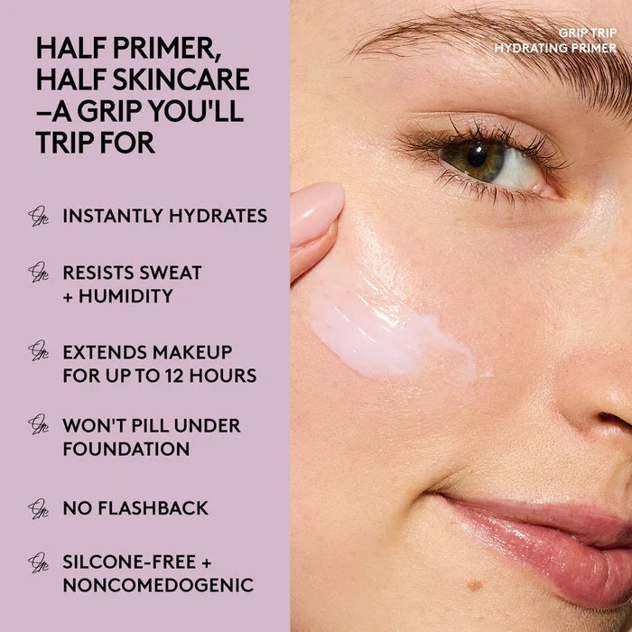 Fenty Beauty Grip Trip Hydrating Primer 30ml bottle, smooth texture, and clear packaging with Fenty branding visible.