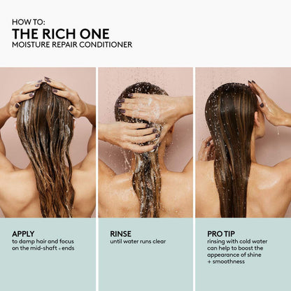 Fenty Beauty The Rich One Moisture Repair Conditioner for fine to medium hair, 10oz, with a sleek bottle and product label.