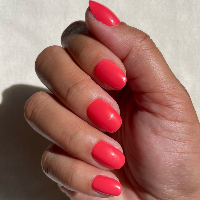 Hand displaying Field Day | Round | Extra Short press-on nails in juicy watermelon red on medium skin tone against neutral background