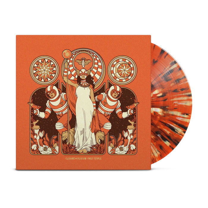 A Limited Edition Closure In Moscow vinyl featuring an orange, black, and white splatter on transparent orange. The cover displays a woman in white with astronauts amid circular patterns.