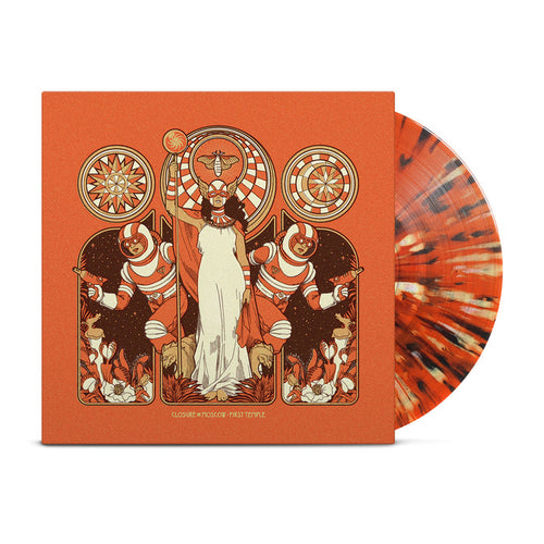 A Limited Edition Closure In Moscow vinyl featuring an orange, black, and white splatter on transparent orange. The cover displays a woman in white with astronauts amid circular patterns.