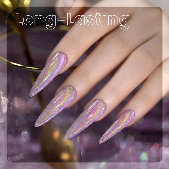Rainbow Purple Pink holographic glitter gel polish long nails pink purple gold green aurora shimmer cosmic glow