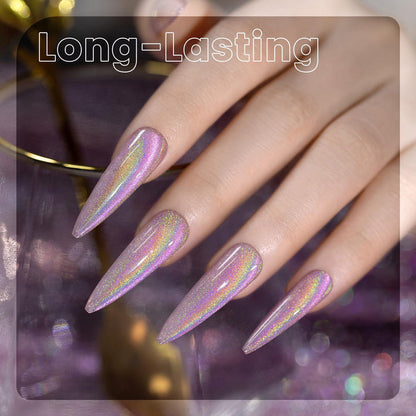 Rainbow Purple Pink holographic glitter gel polish long nails pink purple gold green aurora shimmer cosmic glow