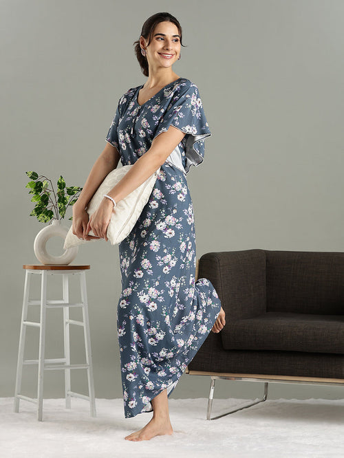 Misty Blue Floral Rayon Cozy Nighty for Women