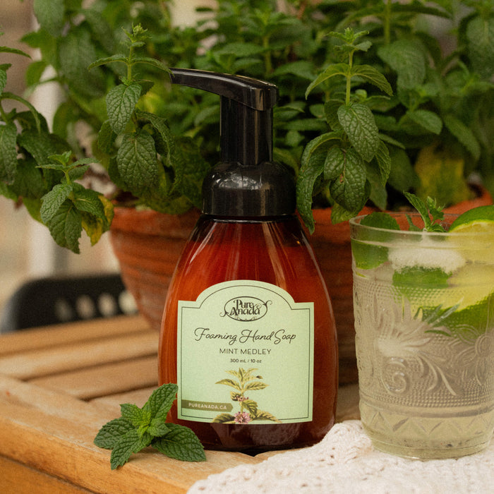 Hand soap bottle labeled 'Mint Medley' with mint leaves and a glass of water on a wooden surface.