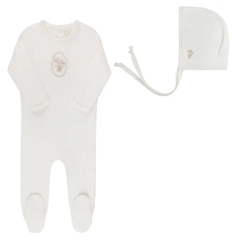 footie velour center floral with bonnet - ivory/rosegold