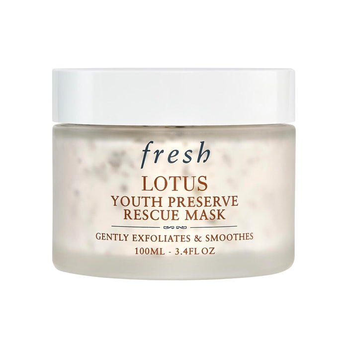 Fresh Lotus Youth Preserve Exfoliating Rescue Mask in 100ml jar, creamy texture with lotus flower ingredients, new in box.