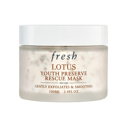 Fresh Lotus Youth Preserve Exfoliating Rescue Mask in 100ml jar, creamy texture with lotus flower ingredients, new in box.