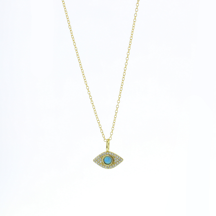 Gold necklace with eye pendant and blue center stone