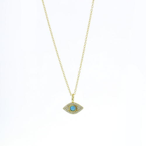 Gold necklace with eye pendant and blue center stone