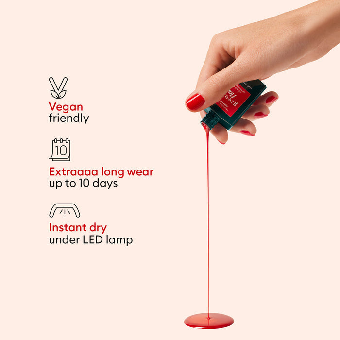 A hand with red-painted nails pours Manucurist Gift Set gel polish, forming a puddle. Text highlights: vegan friendly, extra long wear up to 10 days, and instant dry under LED travel lamp—each with its own icon.