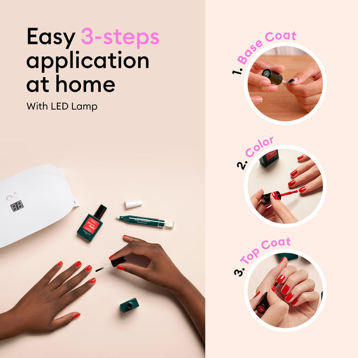 Top view of hands using Manucurist Gift Set to apply red gel polish at home, with polish bottles and LED travel lamp. Step-by-step images show base coat, color, and top coat. Text: Easy 3-step application at home.