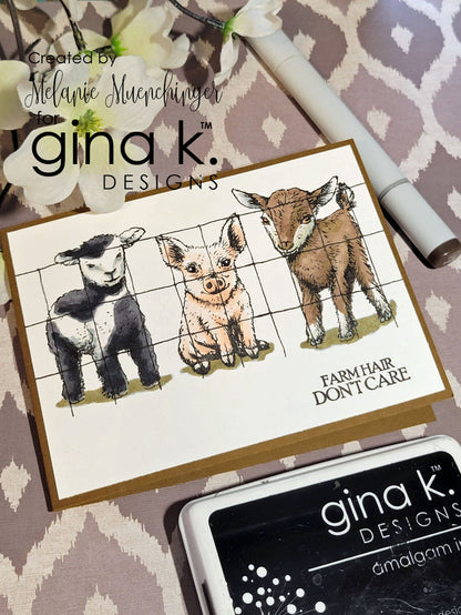 Gina K. Designs - Stamps - Farmyard Friends. Melanie Muenchinger’s realistic nature series continues with Farmyard Friends! You will love using these 8 farmyard animals plus scene building grass, dirt and wire fence images. Available at Embellish Away located in Bowmanville Ontario Canada. Designed by Melanie Muenchinger.