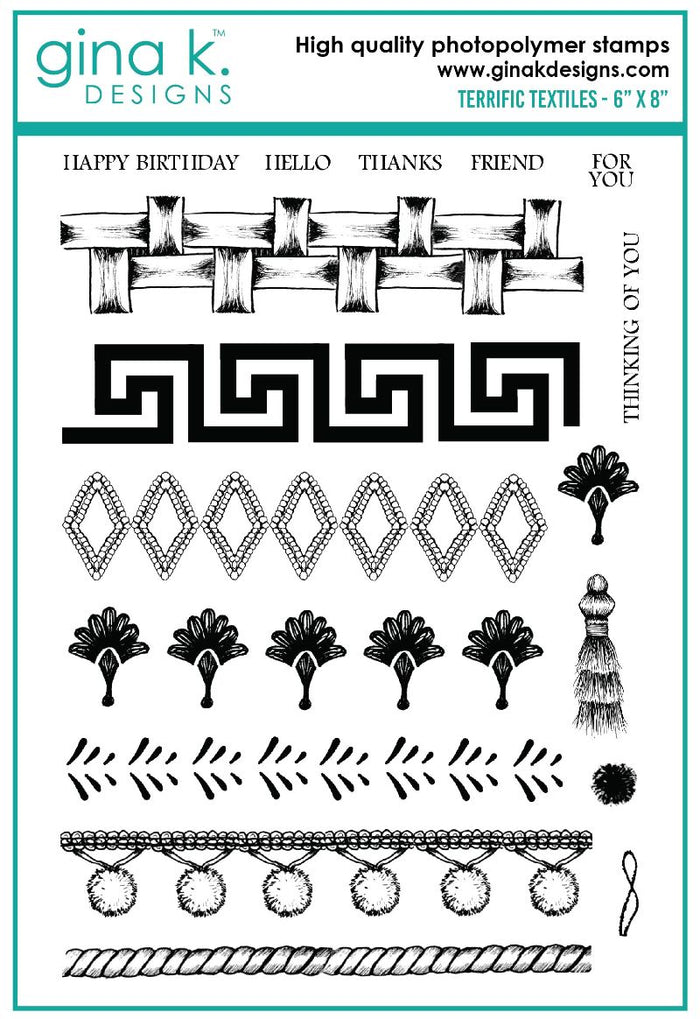 Gina K. Designs - Stamp Set - Terrific Textiles. Terrific Textiles is a stamp set by Melanie Munchinger. This set is made of premium clear photopolymer and measures 6" X 8". Made in the USA. Available at Embellish Away located in Bowmanville Ontario Canada.